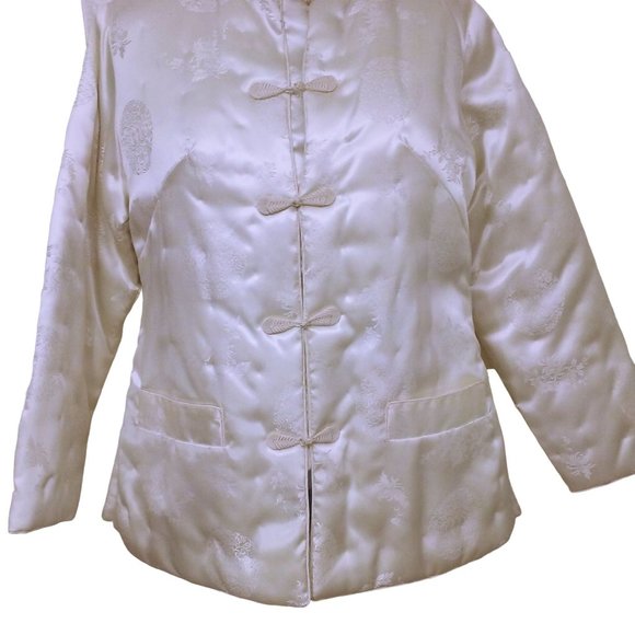 Vintage 80s NWT Fortune Quilted Jacket L Asian Brocade Pockets Frogs Satin Ivory - Picture 4 of 11
